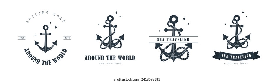 Set of sea traveling logos. Vintage stamps with anchor icons. Maritime cruise. Nautical badges collection. Vector templates for ocean voyages on white background.