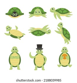 Set of sea turtle cartoon cute animal vector illustration