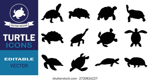 Set von Meeresschildkröte Vektor in Silhouette Design. Schwarze Schildkröte im Stammesdesign gemustert, Unterwasser-Tierset. Vektorgrafik.