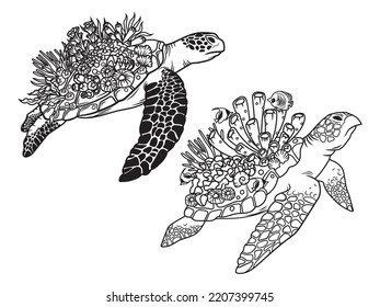Set of sea turtles with corals. Collection of ocean turtles with coral reef shell. Underwater animals. Vector illustration for children. Tattoo.