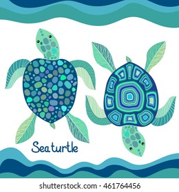 Set of sea turtles with a decorative pattern, vector illustration