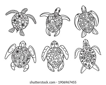 Set of sea turtles with flowers. Collection of floral tropical underwater inhabitants with armor. Undersea world. Vector illustration for children. Tattoo.