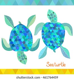 Set of sea turtles with polygonal pattern vector illustration