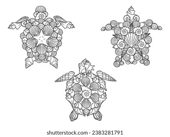 Set of sea turtles with shells. Collection of tropical underwater inhabitants in armor. Undersea world. Vector illustration for children. Tattoo.