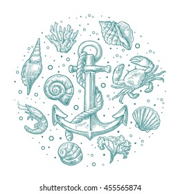 Set sea underwater animal and anchor isolated on white background. Vector hand drawn engraving vintage illustrations