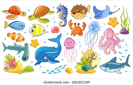 Set Of Sea. Underwater World Vector Drawn Illustration In Children's Cartoon Style. Cute Marine Animals And Fish Isolated On A White Background, Clipart.