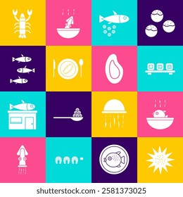 Set Sea urchin, Puffer fish soup, Sushi on cutting board, Fish with caviar, Served cucumber plate, Fishes, Lobster and Mussel icon. Vector