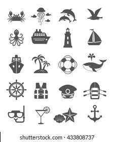 Set of sea vacation black icons. Summer adventure emblem. Nautical design icons isolated on white background