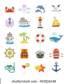 Set of sea vacation icons. Summer adventure emblem. Nautical design icons isolated on white background.