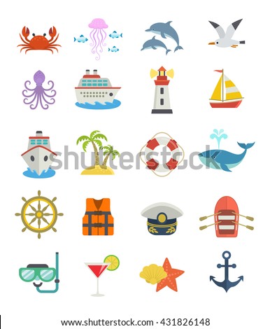 Set of sea vacation icons. Summer adventure emblem. Nautical design icons isolated on white background.