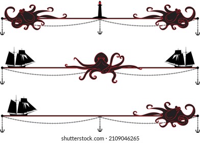 set of sea vector dividers with octopus, tall hips and lighthouse in black, red and white colors