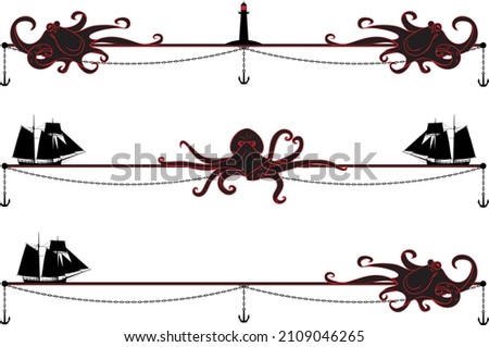 set of sea vector dividers with octopus, tall hips and lighthouse in black, red and white colors