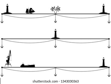 set of sea vector dividers with ships, palm, port crane and lighthouse in black and white