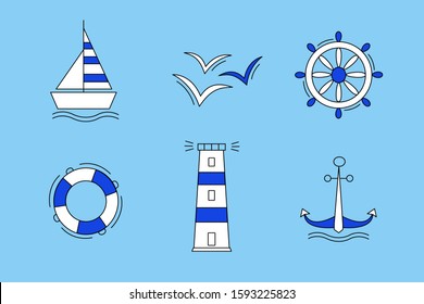 Set of sea vector icons in blue white color. Anchor Ship Wheel Seagull lighthouse and a lifeline.