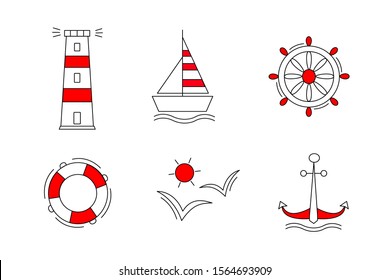 Set of sea vector icons in red and white. Anchor Ship Wheel Seagull lighthouse and a lifeline.