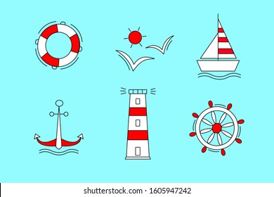 Set of sea vector icons in red and white on a blue background. Anchor Ship Wheel Seagull lighthouse and a lifeline.