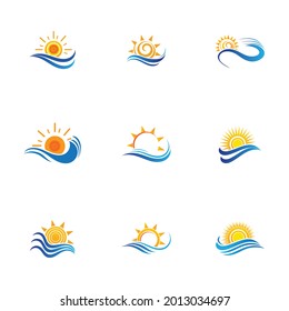 set of sea Water wave and sun icon vector illustration design logo - Vector