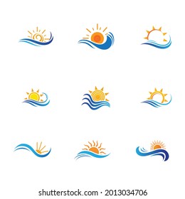 set of sea Water wave and sun icon vector illustration design logo - Vector