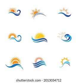 set of sea Water wave and sun icon vector illustration design logo - Vector