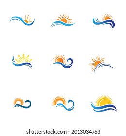 set of sea Water wave and sun icon vector illustration design logo - Vector