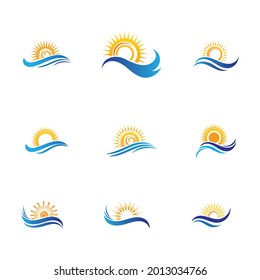 set of sea Water wave and sun icon vector illustration design logo - Vector