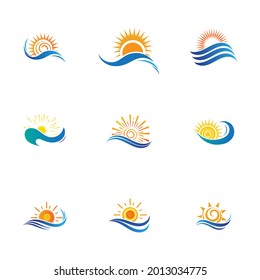 set of sea Water wave and sun icon vector illustration design logo - Vector