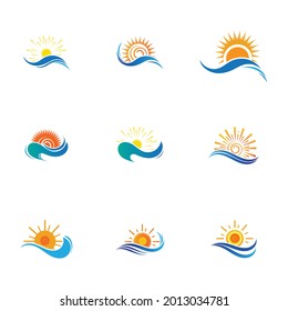 set of sea Water wave and sun icon vector illustration design logo - Vector
