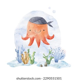 Set of sea watercolor style cards. Underwater creatures, starfish, coral, fish. Marine, nautical  wallpaper, background. Hand drawn style. Watercolor texture. Baby, kids design