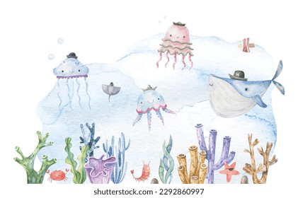 Set of sea watercolor style cards. Underwater creatures, starfish, coral, fish. Marine, nautical  wallpaper, background. Hand drawn style. Watercolor texture. Baby, kids design