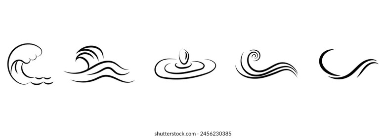 Set of Sea wave icon outlined. Various wave water lake river black. Vector Illustration.