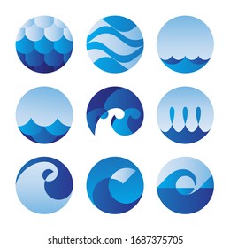 Set of sea wave icons in circle shape for design 