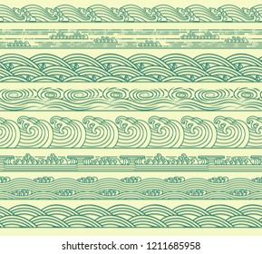 Set of sea wave ocean seamless borders. Blue and beige. Vector illustration