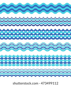 Set of sea waves borders isolated on white. Decoration design with wave water, vector illustration