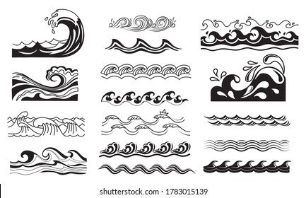 Set of sea waves. Collection of stylized ocean waves. Marine logo. Set of water decorations. Vector illustration for travel agencies.