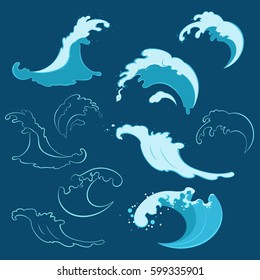 Set of sea waves of different shapes on blue background