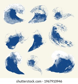 Set with Sea waves. Graphic modern objects. Decoration wallpaper. Blue wave with white foam