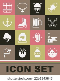 Set Sea and waves, Medieval spear, arrows, Skull with viking helmet, Ancient boots, Anchor, Wooden barrel and beer mug icon. Vector