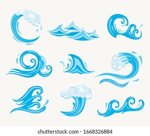 Set of sea waves. Ocean tidal or storm wave isolated on white background. Template design for surfing and seascape, vector illustration. Surge, ripple, wavelet in nature. Vector illustration.