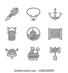 Set Sea and waves, Roasted turkey or chicken, Battle hammer, Antique treasure chest, Viking in horned helmet, head, Anchor and Mace with spikes icon. Vector
