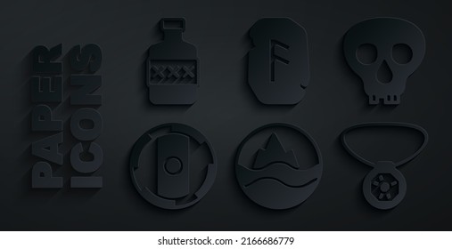 Set Meer und Wellen, Schädel, Schildkröte, Schmuckstück mit Edelstein, Zauberflasche und Whiskey Flaschensymbol. Vektorgrafik