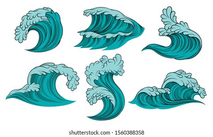 Set of sea waves. Vector illustration on a white background.