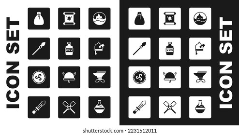 Set Sea and waves, Botella Whiskey, lanza medieval, Bolsa antigua de dinero, Viking en casco con cuernos, Decreto, pergamino, pergamino, yunque para herrería e ícono de escudo. Vector