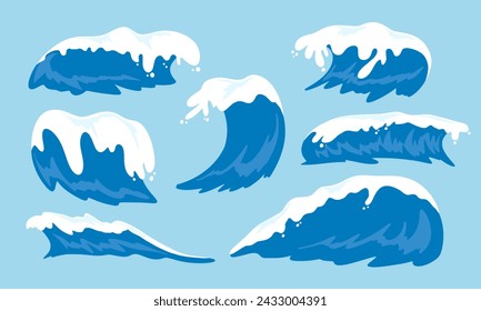 Set von Meereswellen mit weißem Schaum. Sammlung von Sturmwellen. Vektor-Illustration von Water Splash. Isolierte Meereswellen. Tsunami 