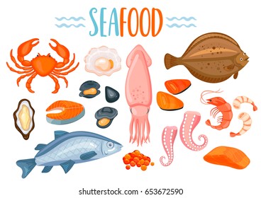 Set of seafod icons in cartoon style. Shellfish, oyster and crab, salmon, shrimp and octopus, prawn, mussel, flounder, sea fish, oysters and mussels, fish steak and caviar. Vector illustration.