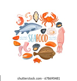 Set of seafod icons in cartoon style, vector illustration. Shellfish, oyster and crab, salmon, shrimp and octopus, prawn, mussel, flounder, sea fish, oysters and mussels, fish steak and caviar.