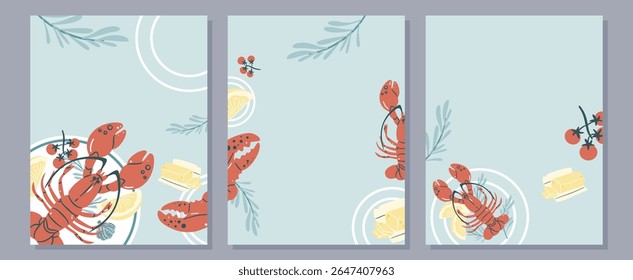 Set of seafood background menu templates with lobster, herbs, lemon, and butter. Perfect for restaurant design, card, brochure, cover or banner. Vector illustration.