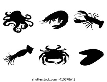 Set seafood black icon on white background. Vector Illustration