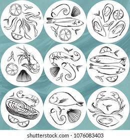 Set of seafood circle design element. Marine life animals plates. Hand drawn vector illustration. Beer coaster, beermat.
