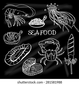 Set of seafood and delicacies drawn on the school Board fish, salmon, crab, shrimp, mussels, jellyfish, eggs, porridge, oysters