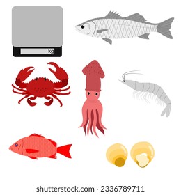 set of seafood with digital scale vector illustration .